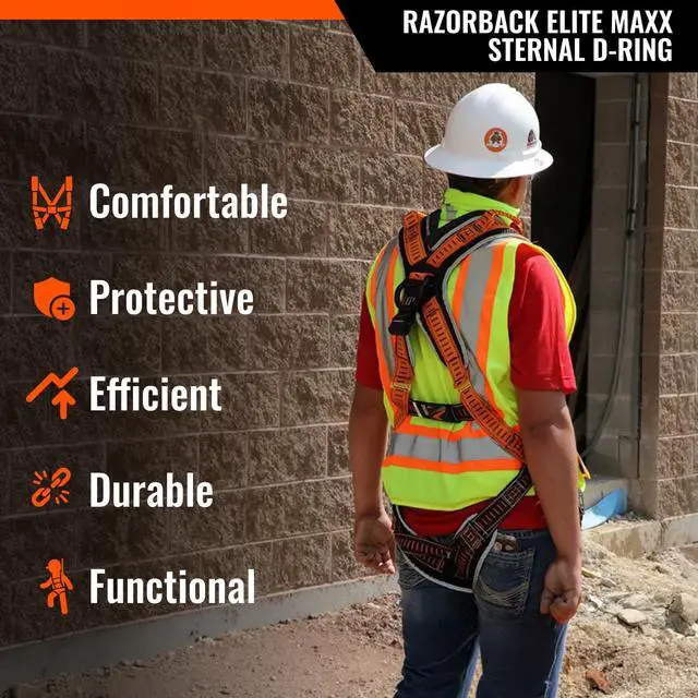 Alt view image 2 of 6 - Razorback Elite MAXX - Safety Harness and Fall Protection Kit with Sewn in Lumbar Support Belt and Built-in Rescue Handles for Fall Arrest, OSHA & ANSI Compliant (Small-Medium)
