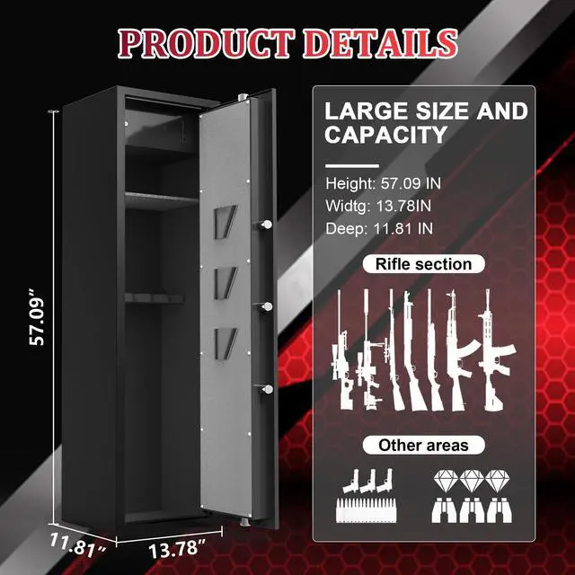 Alt view image 2 of 6 - Biometric Fingerprint Gun Safe for Rifles, 8-10 Gun Cabinet with Key Inner Cabinet, Fingerprint & Digital Keypad Rifle Cabinet, Gun Safe for Rifles and Pistols, Pistol Pocket, Silent Mode