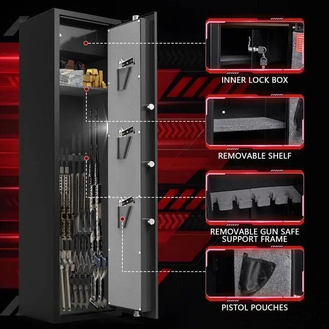 Alt view image 4 of 6 - Biometric Fingerprint Gun Safe for Rifles, 8-10 Gun Cabinet with Key Inner Cabinet, Fingerprint & Digital Keypad Rifle Cabinet, Gun Safe for Rifles and Pistols, Pistol Pocket, Silent Mode