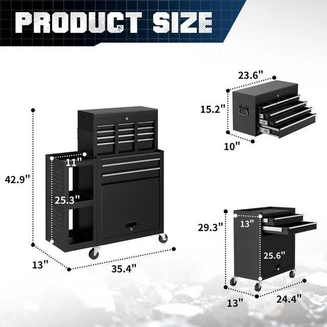 Alt view image 3 of 6 - Metal Tool Chest, 8 Drawer Rolling Tool Chest with Wheels, Assembled Tool Storage Cabinet with Locking, Sliding Drawers & Detachable Top Tool Box, for Repair Room Warehouse Garage Workshop