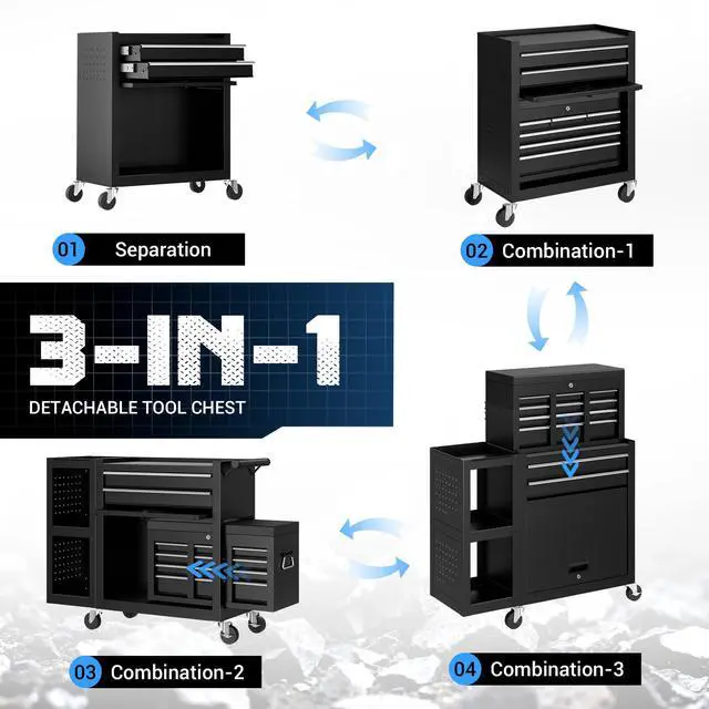 Alt view image 4 of 6 - Metal Tool Chest, 8 Drawer Rolling Tool Chest with Wheels, Assembled Tool Storage Cabinet with Locking, Sliding Drawers & Detachable Top Tool Box, for Repair Room Warehouse Garage Workshop