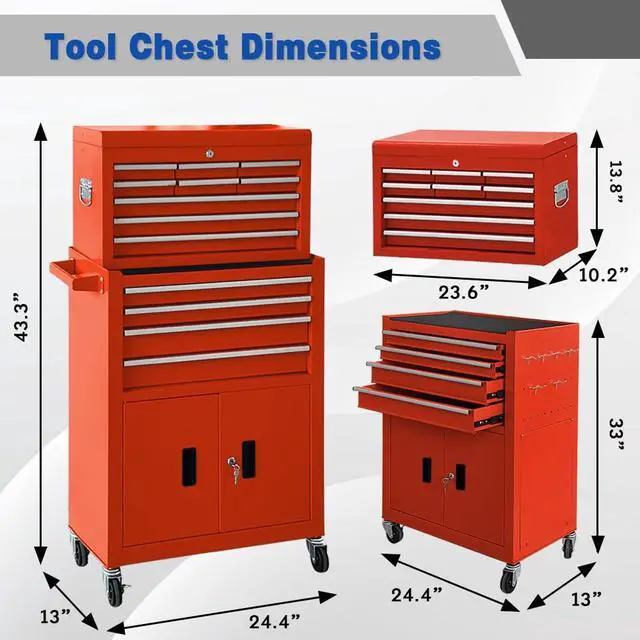 Alt view image 2 of 6 - 13 Drawer Rolling Tool Chest with Double Door, 2 in 1 Detachable Tool Box with Lock, Heavy Duty Rolling Tool Cabinet with Wheels & Brakes, Mechanic Tool Cart Organizer for Garage,Gift for Men (Red)
