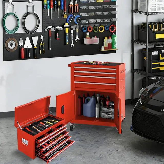 Alt view image 3 of 6 - 13 Drawer Rolling Tool Chest with Double Door, 2 in 1 Detachable Tool Box with Lock, Heavy Duty Rolling Tool Cabinet with Wheels & Brakes, Mechanic Tool Cart Organizer for Garage,Gift for Men (Red)