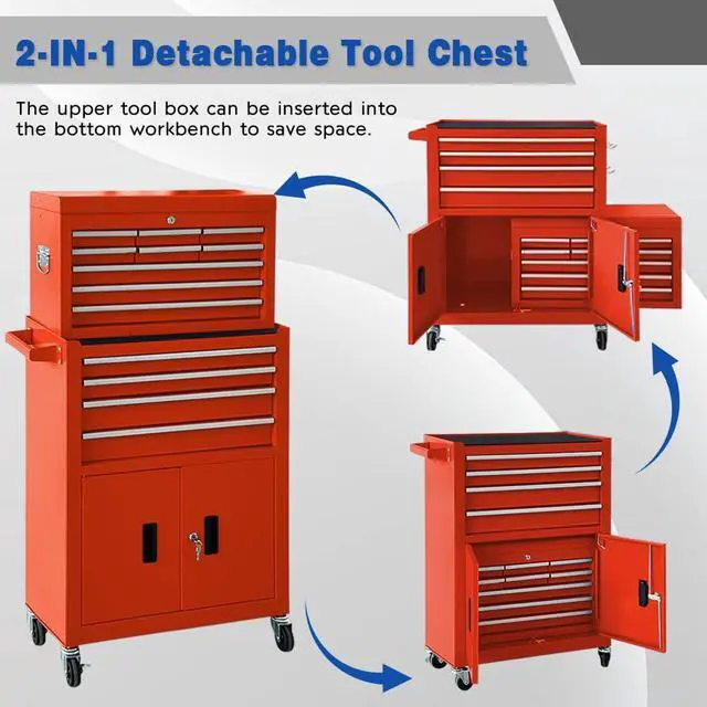 Alt view image 6 of 6 - 13 Drawer Rolling Tool Chest with Double Door, 2 in 1 Detachable Tool Box with Lock, Heavy Duty Rolling Tool Cabinet with Wheels & Brakes, Mechanic Tool Cart Organizer for Garage,Gift for Men (Red)