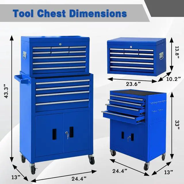Alt view image 2 of 6 - 13 Drawer Rolling Tool Chest with Double Door, 2 in 1 Detachable Tool Box with Lock, Heavy Duty Rolling Tool Cabinet with Wheels & Brakes, Mechanic Tool Cart Organizer for Garage,Gift for Men (Blue)
