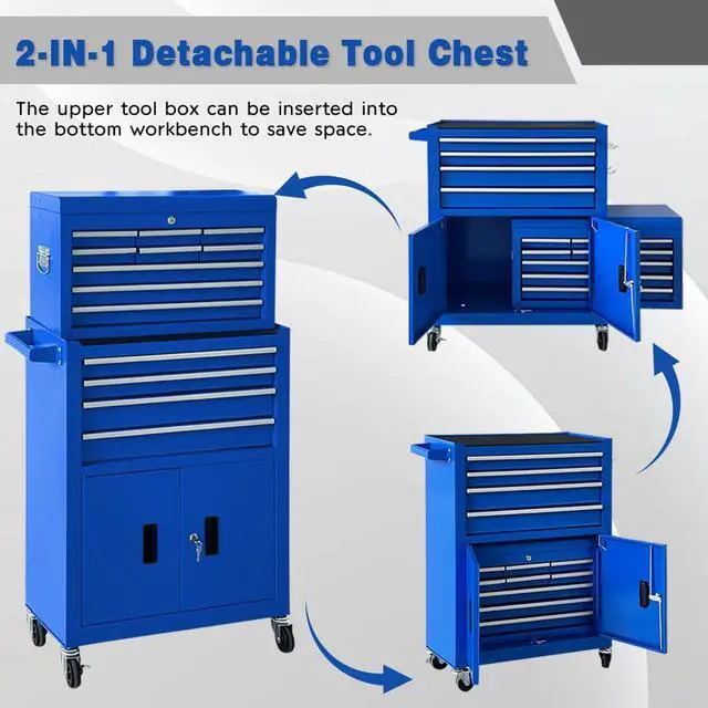 Alt view image 6 of 6 - 13 Drawer Rolling Tool Chest with Double Door, 2 in 1 Detachable Tool Box with Lock, Heavy Duty Rolling Tool Cabinet with Wheels & Brakes, Mechanic Tool Cart Organizer for Garage,Gift for Men (Blue)