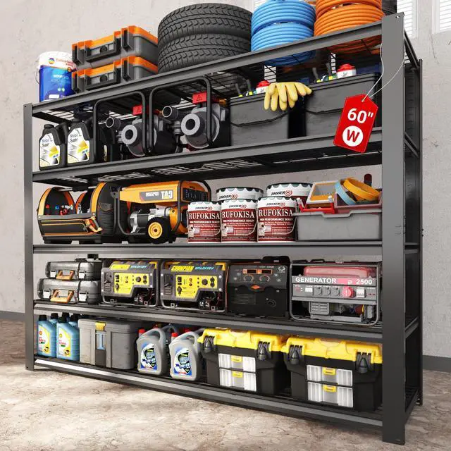 Main image of 60" W Garage Shelving, 5 Tier Storage Shelves Load 1500LBS, Adjustable Garage Shelving Heavy Duty, Metal Shelves Unit for Basement, Warehouse, 60" W x 72" H x 24" D, Black