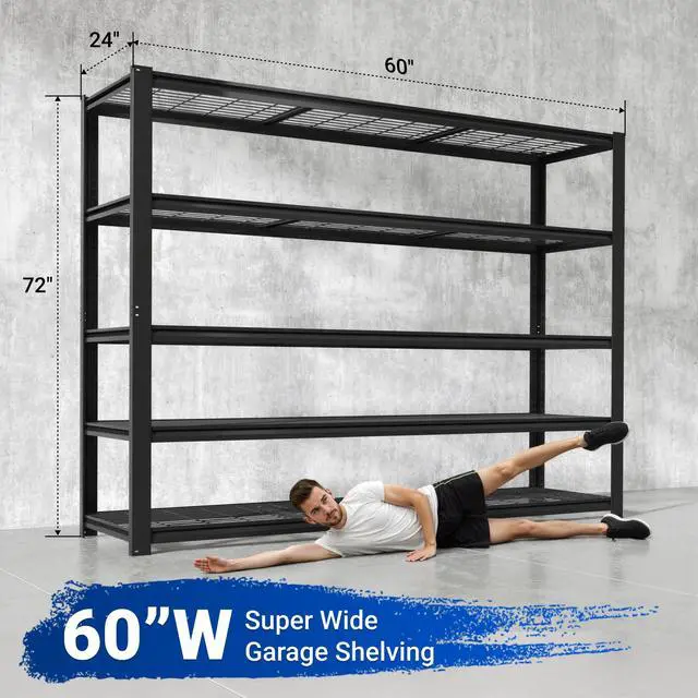 Alt view image 2 of 6 - 60" W Garage Shelving, 5 Tier Storage Shelves Load 1500LBS, Adjustable Garage Shelving Heavy Duty, Metal Shelves Unit for Basement, Warehouse, 60" W x 72" H x 24" D, Black