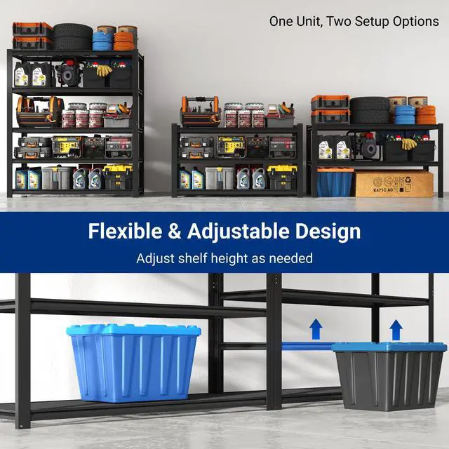 Alt view image 4 of 6 - 60" W Garage Shelving, 5 Tier Storage Shelves Load 1500LBS, Adjustable Garage Shelving Heavy Duty, Metal Shelves Unit for Basement, Warehouse, 60" W x 72" H x 24" D, Black