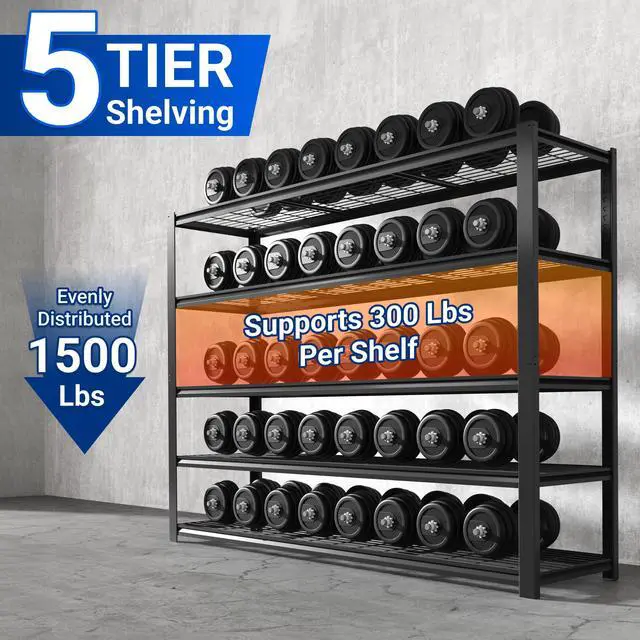 Alt view image 5 of 6 - 60" W Garage Shelving, 5 Tier Storage Shelves Load 1500LBS, Adjustable Garage Shelving Heavy Duty, Metal Shelves Unit for Basement, Warehouse, 60" W x 72" H x 24" D, Black