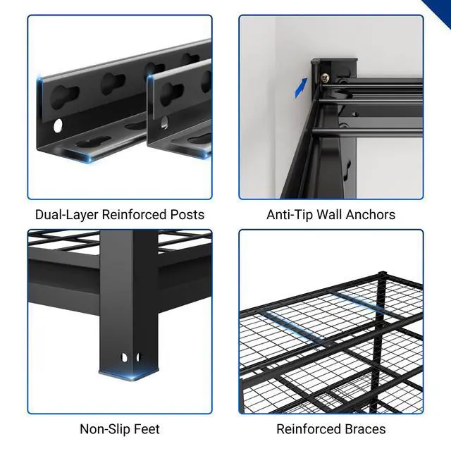 Alt view image 6 of 6 - 60" W Garage Shelving, 5 Tier Storage Shelves Load 1500LBS, Adjustable Garage Shelving Heavy Duty, Metal Shelves Unit for Basement, Warehouse, 60" W x 72" H x 24" D, Black