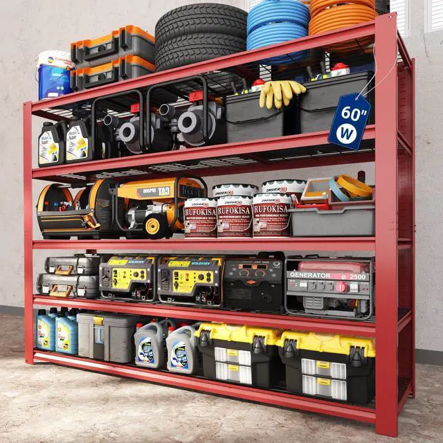 Main image of 60" W Garage Shelving, 5 Tier Storage Shelves Load 1500LBS, Adjustable Garage Shelving Heavy Duty, Metal Shelves Unit for Basement, Warehouse, 60" W x 72" H x 24" D, Red