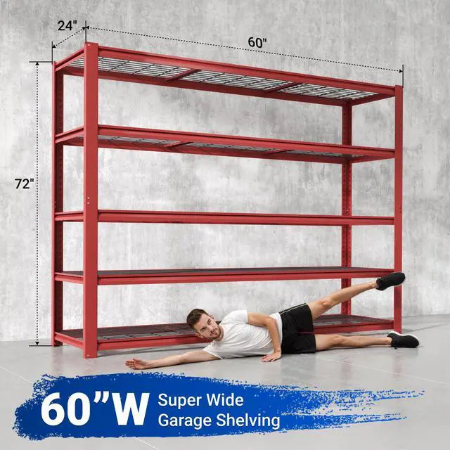 Alt view image 2 of 6 - 60" W Garage Shelving, 5 Tier Storage Shelves Load 1500LBS, Adjustable Garage Shelving Heavy Duty, Metal Shelves Unit for Basement, Warehouse, 60" W x 72" H x 24" D, Red