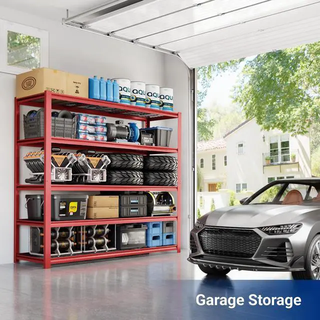 Alt view image 3 of 6 - 60" W Garage Shelving, 5 Tier Storage Shelves Load 1500LBS, Adjustable Garage Shelving Heavy Duty, Metal Shelves Unit for Basement, Warehouse, 60" W x 72" H x 24" D, Red