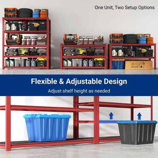 Alt view image 4 of 6 - 60" W Garage Shelving, 5 Tier Storage Shelves Load 1500LBS, Adjustable Garage Shelving Heavy Duty, Metal Shelves Unit for Basement, Warehouse, 60" W x 72" H x 24" D, Red