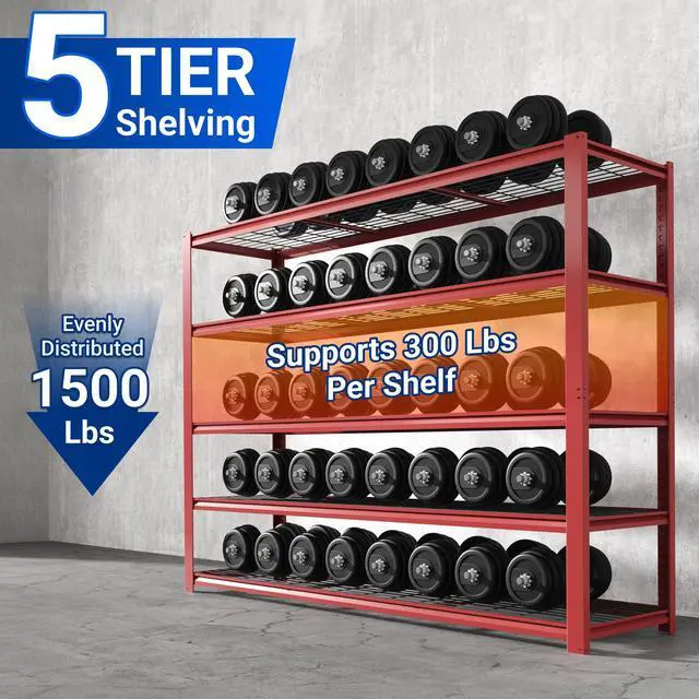 Alt view image 5 of 6 - 60" W Garage Shelving, 5 Tier Storage Shelves Load 1500LBS, Adjustable Garage Shelving Heavy Duty, Metal Shelves Unit for Basement, Warehouse, 60" W x 72" H x 24" D, Red