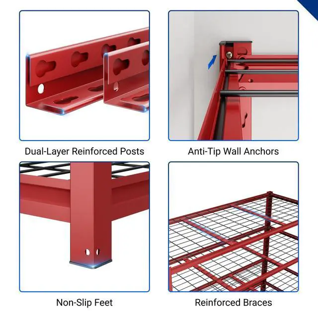 Alt view image 6 of 6 - 60" W Garage Shelving, 5 Tier Storage Shelves Load 1500LBS, Adjustable Garage Shelving Heavy Duty, Metal Shelves Unit for Basement, Warehouse, 60" W x 72" H x 24" D, Red