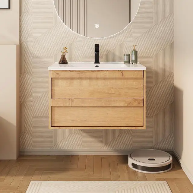 Main image of 30" Floating Bathroom Vanity Sink Combo, Wall Mounted Modern Minimalist Storage Cabinet with 2 Drawers, Include White Sink, Faucet & Drain, Natural