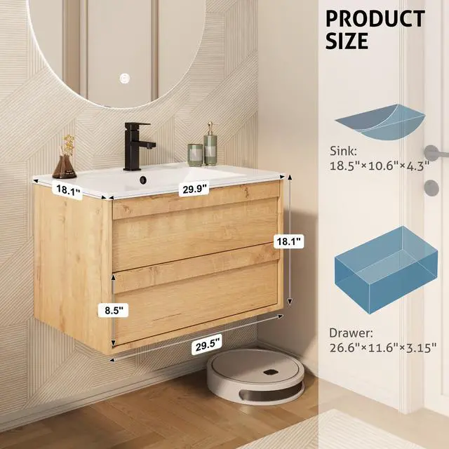 Alt view image 2 of 6 - 30" Floating Bathroom Vanity Sink Combo, Wall Mounted Modern Minimalist Storage Cabinet with 2 Drawers, Include White Sink, Faucet & Drain, Natural