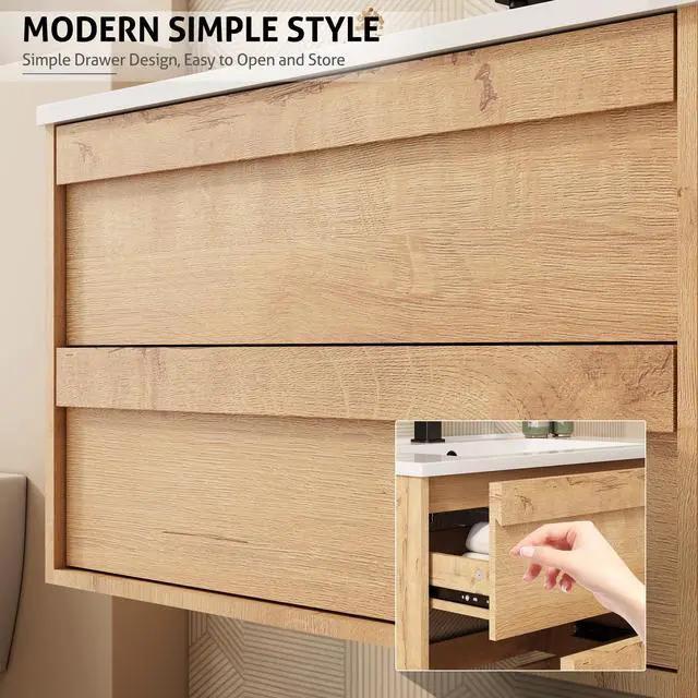 Alt view image 3 of 6 - 30" Floating Bathroom Vanity Sink Combo, Wall Mounted Modern Minimalist Storage Cabinet with 2 Drawers, Include White Sink, Faucet & Drain, Natural