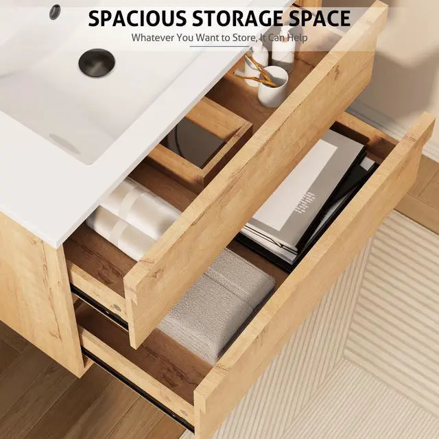 Alt view image 4 of 6 - 30" Floating Bathroom Vanity Sink Combo, Wall Mounted Modern Minimalist Storage Cabinet with 2 Drawers, Include White Sink, Faucet & Drain, Natural
