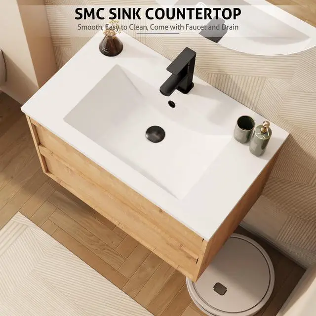 Alt view image 5 of 6 - 30" Floating Bathroom Vanity Sink Combo, Wall Mounted Modern Minimalist Storage Cabinet with 2 Drawers, Include White Sink, Faucet & Drain, Natural