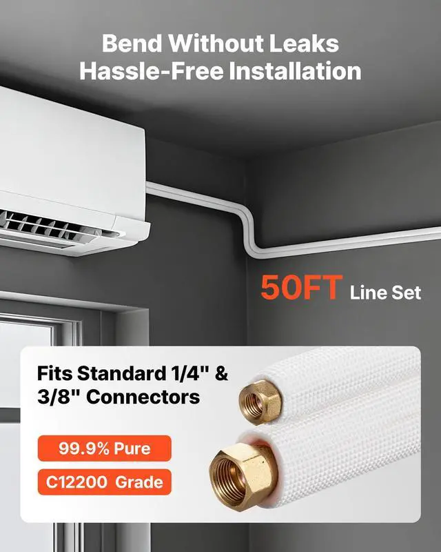Alt view image 2 of 6 - 50ft Mini Split Line Set, 1/4 & 3/8 OD AC Copper Tubing Pipe, 3/8 White PE Thickened Insulated Coil with Flared Nuts, Strapping Tapes, for Mini Split Air Conditioner HVAC or Heat Pump System