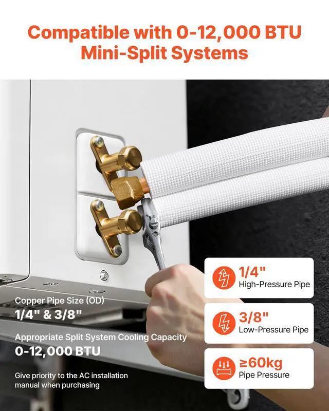 Alt view image 4 of 6 - 50ft Mini Split Line Set, 1/4 & 3/8 OD AC Copper Tubing Pipe, 3/8 White PE Thickened Insulated Coil with Flared Nuts, Strapping Tapes, for Mini Split Air Conditioner HVAC or Heat Pump System