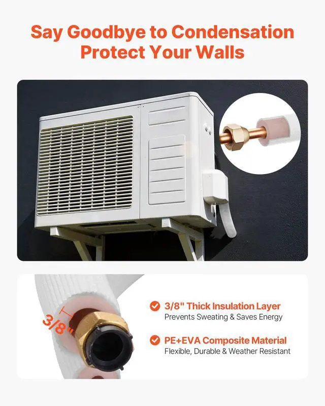 Alt view image 5 of 6 - 50ft Mini Split Line Set, 1/4 & 3/8 OD AC Copper Tubing Pipe, 3/8 White PE Thickened Insulated Coil with Flared Nuts, Strapping Tapes, for Mini Split Air Conditioner HVAC or Heat Pump System