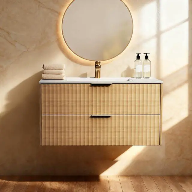 Alt view image 6 of 6 - 36 Inch Bathroom Vanity with Sink, Modern Floating Bathroom Vanity with Resin Sink, 2 Large Storage Darwers, Wood Grain Texture Wall Mounted Vanity, Gold Handles (36'')