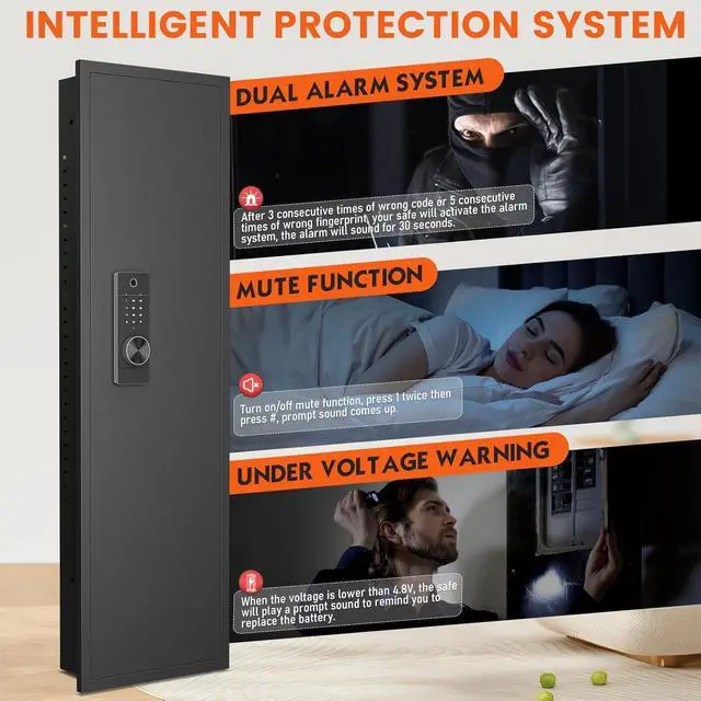Alt view image 3 of 6 - 53" Tall Hidden Wall Safe with Fingerprint Lock - Fireproof & Waterproof, Dual Alarm System, 3 Adjustable Shelves, Magnetic Slot & Key Hooks - Modern Black Steel Construction