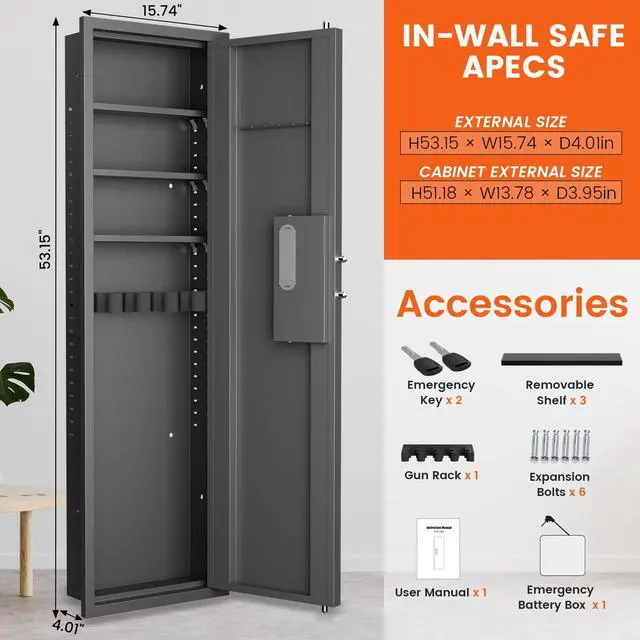 Alt view image 4 of 6 - 53" Tall Hidden Wall Safe with Fingerprint Lock - Fireproof & Waterproof, Dual Alarm System, 3 Adjustable Shelves, Magnetic Slot & Key Hooks - Modern Black Steel Construction