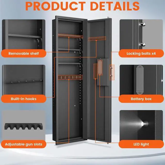 Alt view image 5 of 6 - 53" Tall Hidden Wall Safe with Fingerprint Lock - Fireproof & Waterproof, Dual Alarm System, 3 Adjustable Shelves, Magnetic Slot & Key Hooks - Modern Black Steel Construction