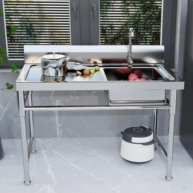 Alt view image 2 of 6 - 304 Stainless Steel Prep & Utility Sink Single Bowl Commercial Kitchen Sink w/Workbench, Free Standing Outdoor Sink (Single Bowl, H 3" Baffle)