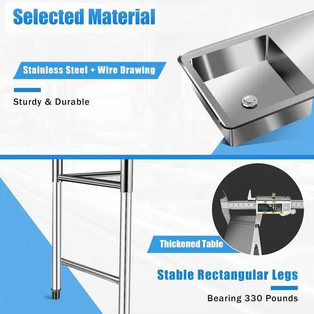 Alt view image 4 of 6 - 304 Stainless Steel Prep & Utility Sink Single Bowl Commercial Kitchen Sink w/Workbench, Free Standing Outdoor Sink (Single Bowl, H 3" Baffle)