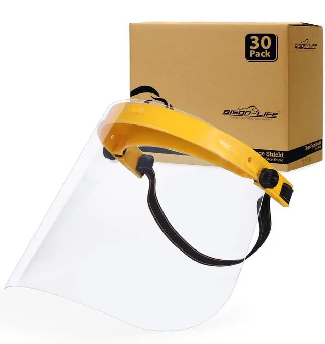 Main image of Clear Protective Face Shield Mask with Adjustable Elastic Headband, Polycarbonate Visor, Reusable & Lightweight Full Face Protection, Yellow (Pack of 30)