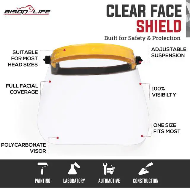 Alt view image 2 of 6 - Clear Protective Face Shield Mask with Adjustable Elastic Headband, Polycarbonate Visor, Reusable & Lightweight Full Face Protection, Yellow (Pack of 30)