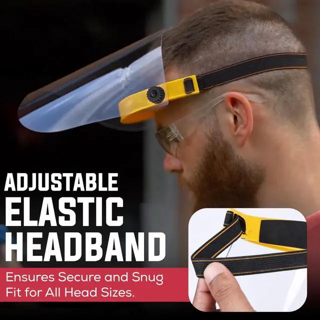 Alt view image 5 of 6 - Clear Protective Face Shield Mask with Adjustable Elastic Headband, Polycarbonate Visor, Reusable & Lightweight Full Face Protection, Yellow (Pack of 30)