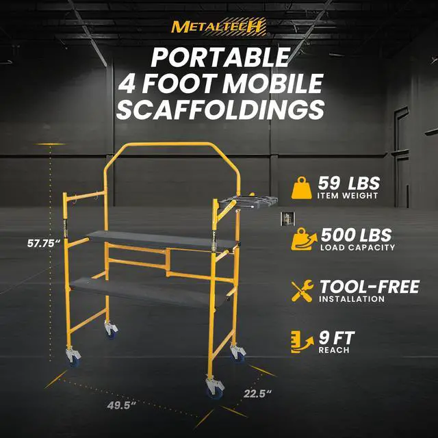 Alt view image 3 of 6 - 4 Ft Scaffolding Platform, Adjustable, Foldable and Rolling Scaffold Platform with 4-Inch Locking Wheels for Construction & DIY Projects