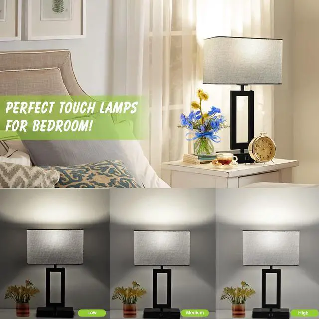 Alt view image 2 of 6 - Touch Control Bedside Lamps for Bedrooms Set of 2 Table Lamps for Nightstand with Dual USB Ports, 3-Way Dimmable Modern Desk Lamps for End Table Living Room Office Home Study Room, Grey&Black