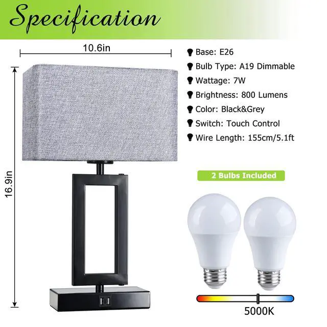 Alt view image 4 of 6 - Touch Control Bedside Lamps for Bedrooms Set of 2 Table Lamps for Nightstand with Dual USB Ports, 3-Way Dimmable Modern Desk Lamps for End Table Living Room Office Home Study Room, Grey&Black