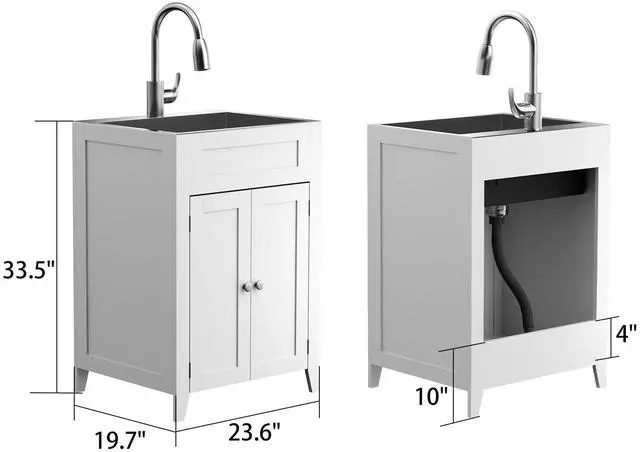 Alt view image 2 of 6 - 24-Inch Laundry Sink with Cabinet and Pull-Out Sprayer Faucet, Stainless Steel Utility Sink with Cabinet, White Cabinet with Sink for Laundry & Utility Room, Kitchen, Bathroom, Basement