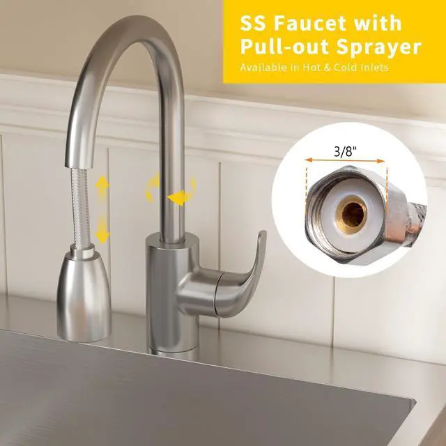Alt view image 5 of 6 - 24-Inch Laundry Sink with Cabinet and Pull-Out Sprayer Faucet, Stainless Steel Utility Sink with Cabinet, White Cabinet with Sink for Laundry & Utility Room, Kitchen, Bathroom, Basement