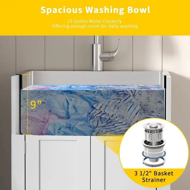 Alt view image 6 of 6 - 24-Inch Laundry Sink with Cabinet and Pull-Out Sprayer Faucet, Stainless Steel Utility Sink with Cabinet, White Cabinet with Sink for Laundry & Utility Room, Kitchen, Bathroom, Basement