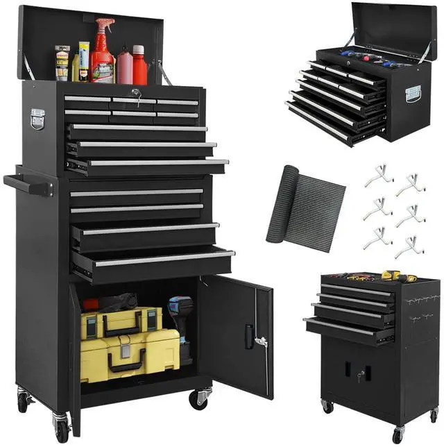 Main image of 13-Drawer Double Doors Tool Chest, 2 in 1 Detachable Rolling Tool Chest, Large Tool Box with Drawers, Mobile Tool Cabinet with Lock, Metal Standing Toolbox for Garage Workshop-Black