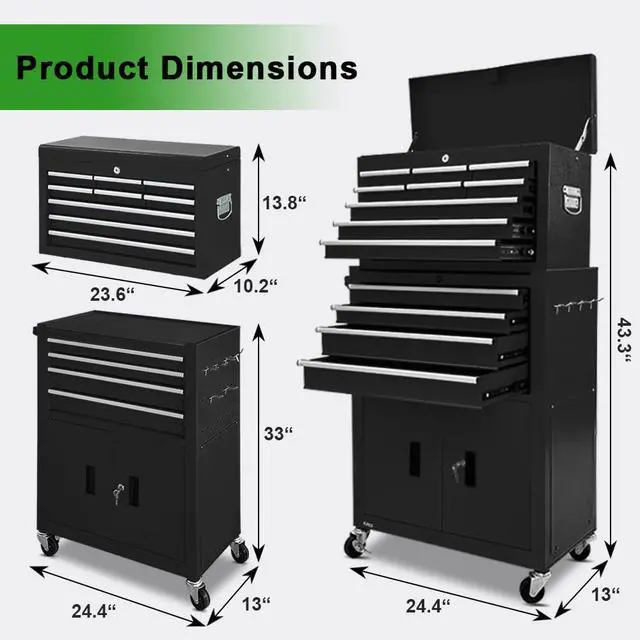 Alt view image 2 of 6 - 13-Drawer Double Doors Tool Chest, 2 in 1 Detachable Rolling Tool Chest, Large Tool Box with Drawers, Mobile Tool Cabinet with Lock, Metal Standing Toolbox for Garage Workshop-Black