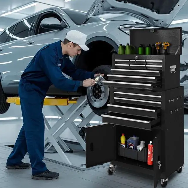 Alt view image 3 of 6 - 13-Drawer Double Doors Tool Chest, 2 in 1 Detachable Rolling Tool Chest, Large Tool Box with Drawers, Mobile Tool Cabinet with Lock, Metal Standing Toolbox for Garage Workshop-Black
