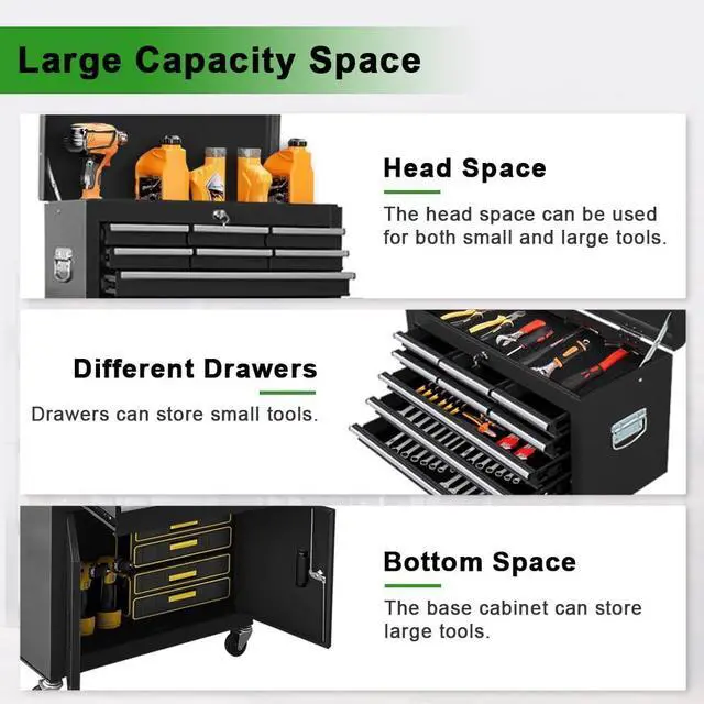 Alt view image 5 of 6 - 13-Drawer Double Doors Tool Chest, 2 in 1 Detachable Rolling Tool Chest, Large Tool Box with Drawers, Mobile Tool Cabinet with Lock, Metal Standing Toolbox for Garage Workshop-Black