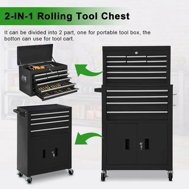 Alt view image 6 of 6 - 13-Drawer Double Doors Tool Chest, 2 in 1 Detachable Rolling Tool Chest, Large Tool Box with Drawers, Mobile Tool Cabinet with Lock, Metal Standing Toolbox for Garage Workshop-Black