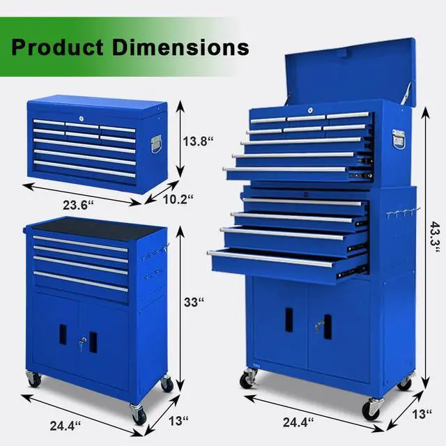 Alt view image 2 of 6 - 13-Drawer Double Doors Tool Chest, 2 in 1 Detachable Rolling Tool Chest, Large Tool Box with Drawers, Mobile Tool Cabinet with Lock, Metal Standing Toolbox for Garage Workshop-Blue